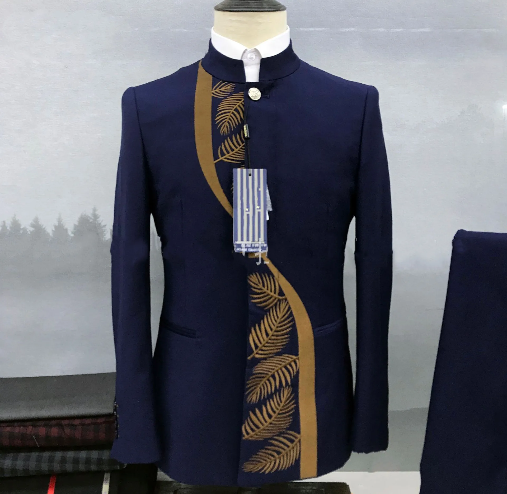 

Custom standing collar navy blue wedding suits men slim fit groom business casual mans Blazer trajes de hombre costume homme 턱시도