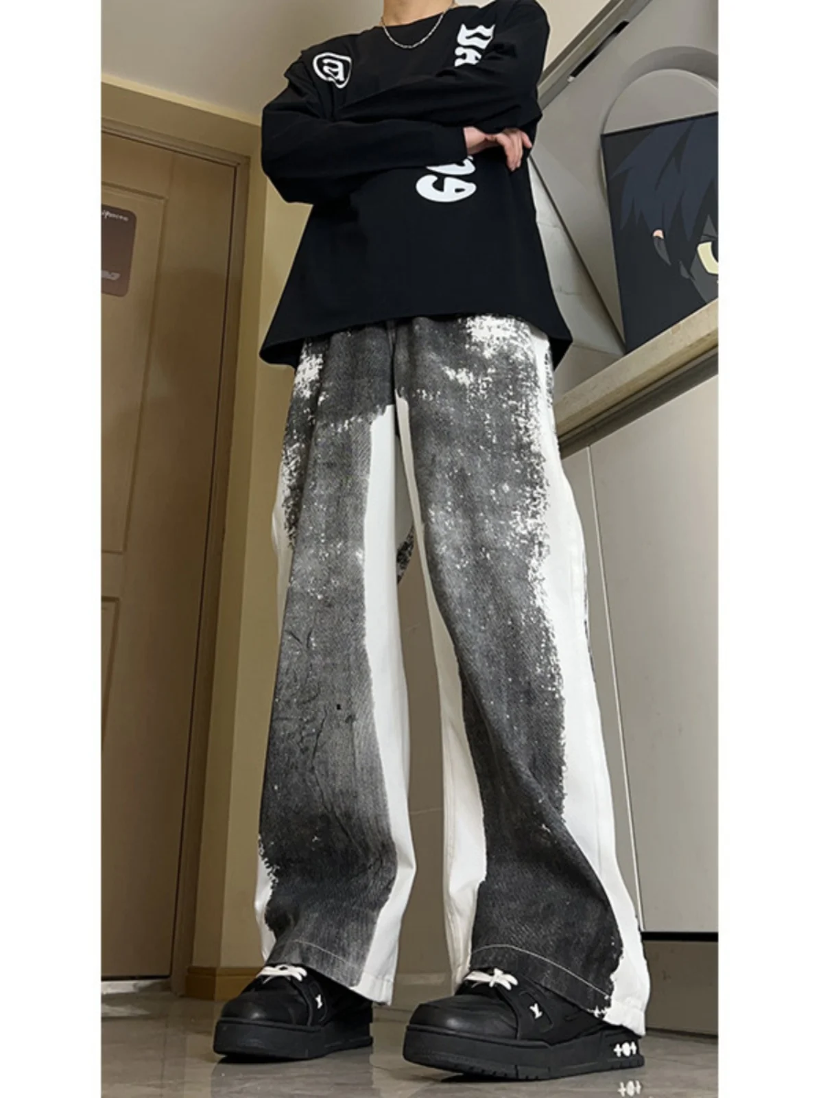 

Мужские прямые джинсы с цифровым распылением чернил High Street Vibe Color Blo Dyeing Design Повседневные длинные брюки свободного покроя