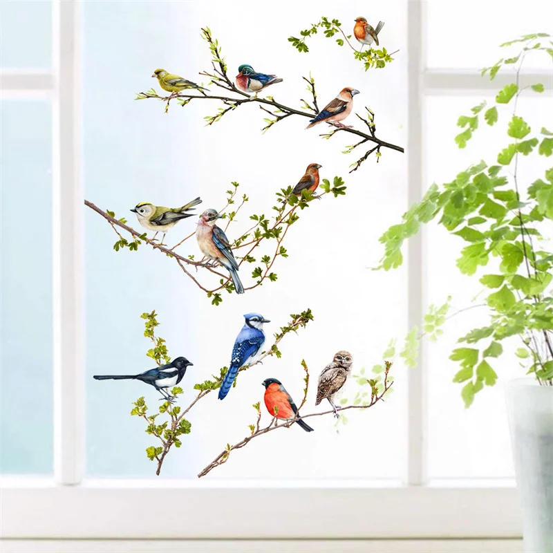 Autocollants de fenêtre d\'oiseaux en vinyle, fleurs de printemps, décalcomanies murales en verre pour la maison, salle de bain, décoration de
