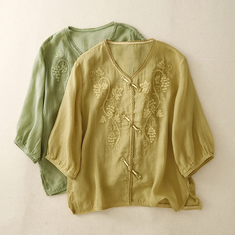

Chinese Style Women's Clothing Blouses Vintage Embroidered Shirts Loose Summer Clothing Short Sleeved Cotton Linen Women Tops