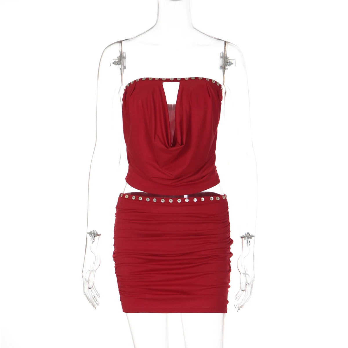 Hugcitar Fashion 2-teiliges Set, trägerlos, einfarbig, mit Knöpfen, Dekoration, sexy Crop-Tank-Top, Rock, Sommer-Outfit für Damen, Strandurlaub – Detail 2
