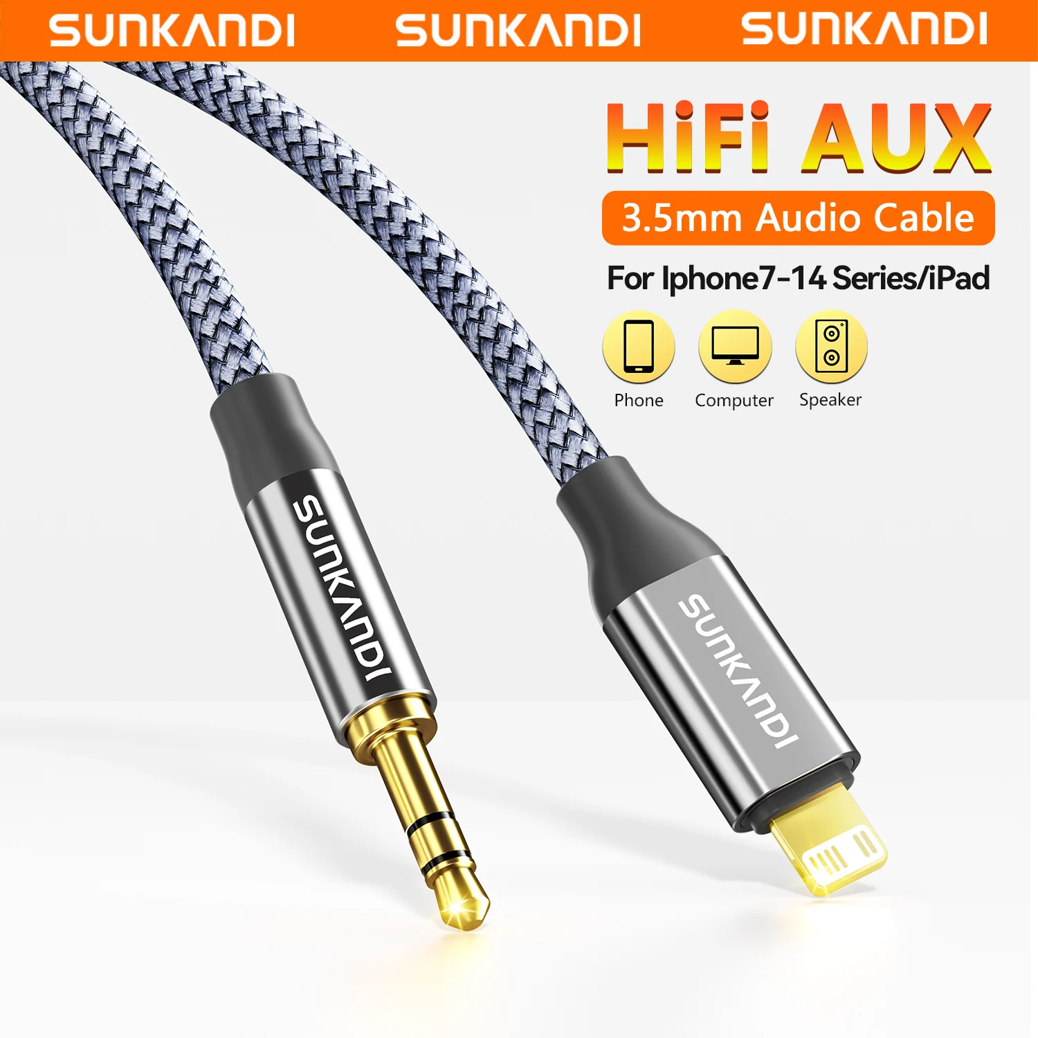 SUNKANDI AUX audio Cord,Lightning to 1/8 Inch Audio Cable,Headphone Jack Adapter Aux Audio Cable for iPhone14/13/12/11/XR/X/8/7