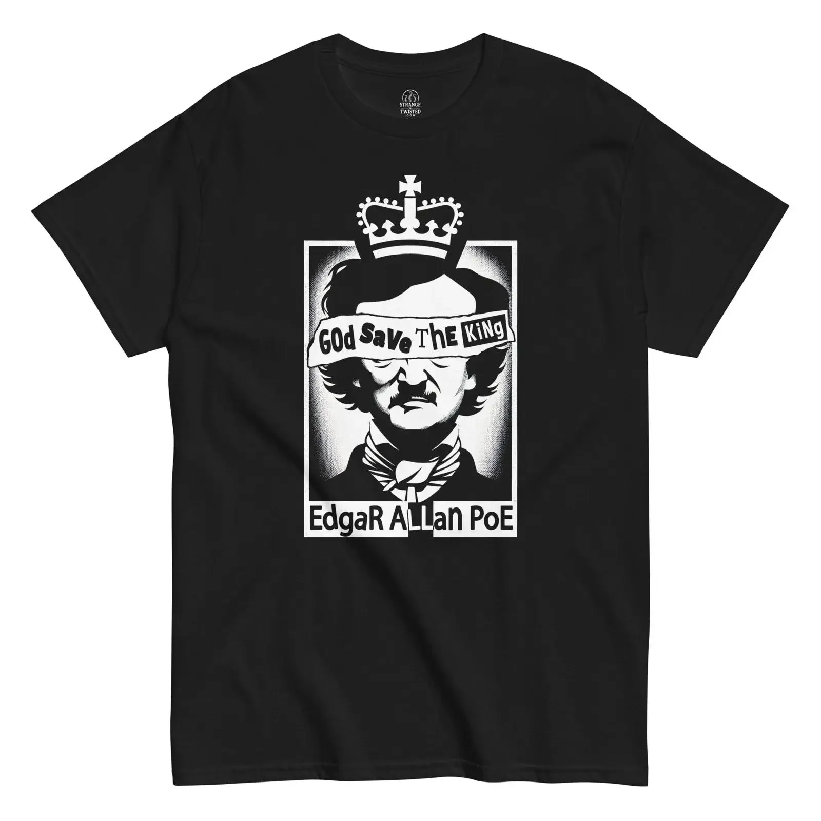 Camiseta de Edgar Allan Poe con retrato negro de Edgar Allan Poe con corona y texto vintage con el letrero 'God Save the King' desgastado, unisex, con efecto lavado.