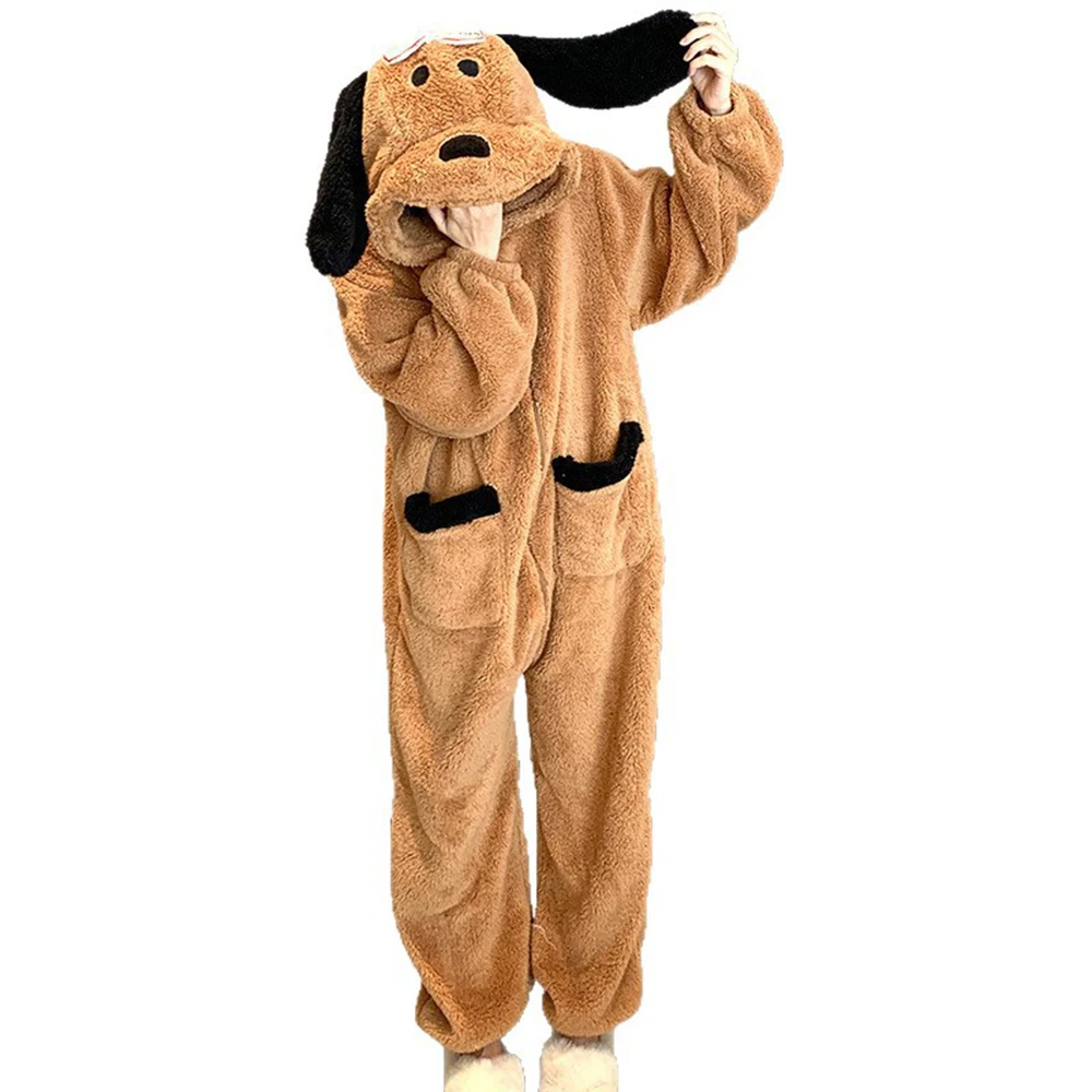 

Зимний фланелевой комбинезон для взрослых, костюм животного на Хэллоуин, Рождество, кофейная собака, косплей, одежда для сна, забавная цельная пижама для женщин и мужчин