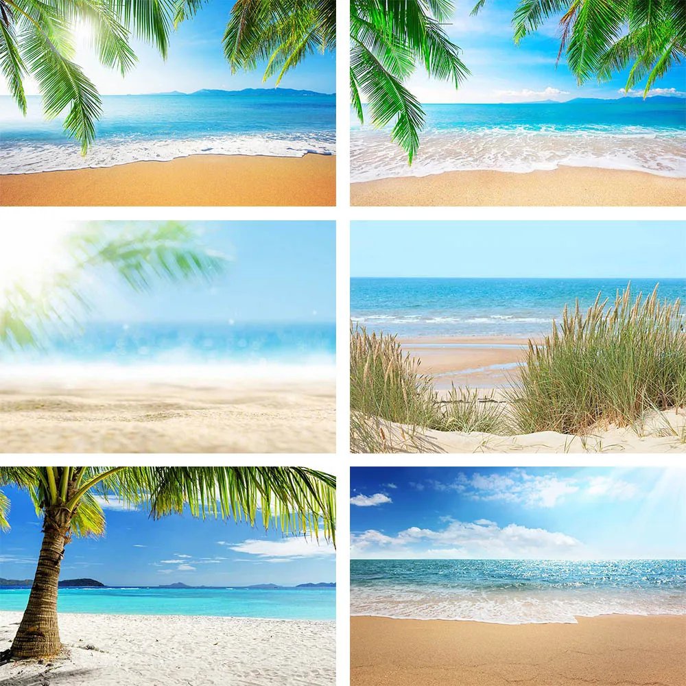 

Summer Sea Sand White Cloudy Blue Sky Sceney Beach Photography Backdrop for Photo Studio Tropical Palms Coconut Tree Background