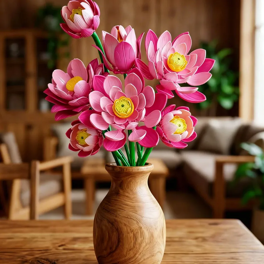 Mixed Flower Building Block Stems Lotus and Peony Brick Flower Kit Artificial Floral Decor Desk Decoration Gift