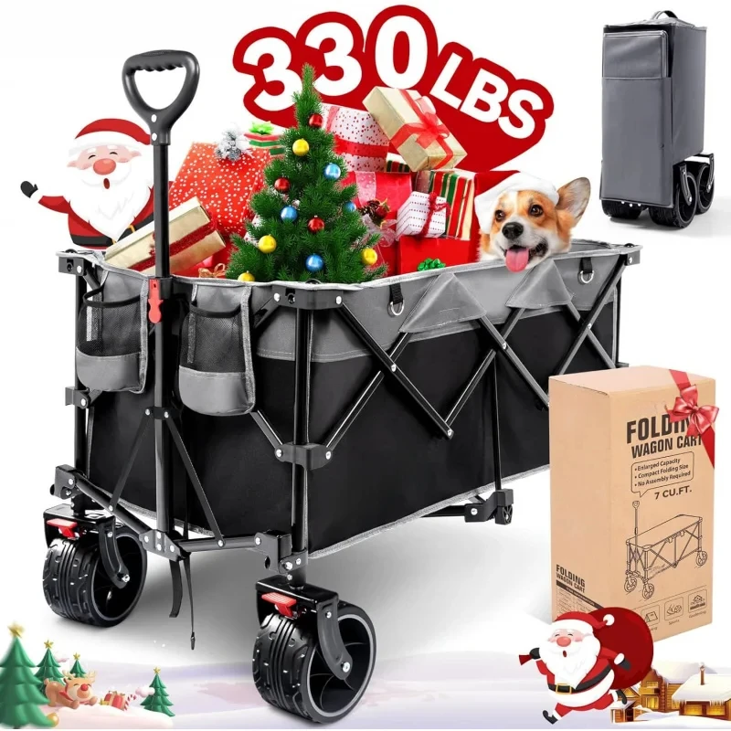 Collapsible Wagon Cart, 330lbs Capacity Beach Wagon with Big Wheels for Sand, Heavy Duty Foldable Wagon with Brakes