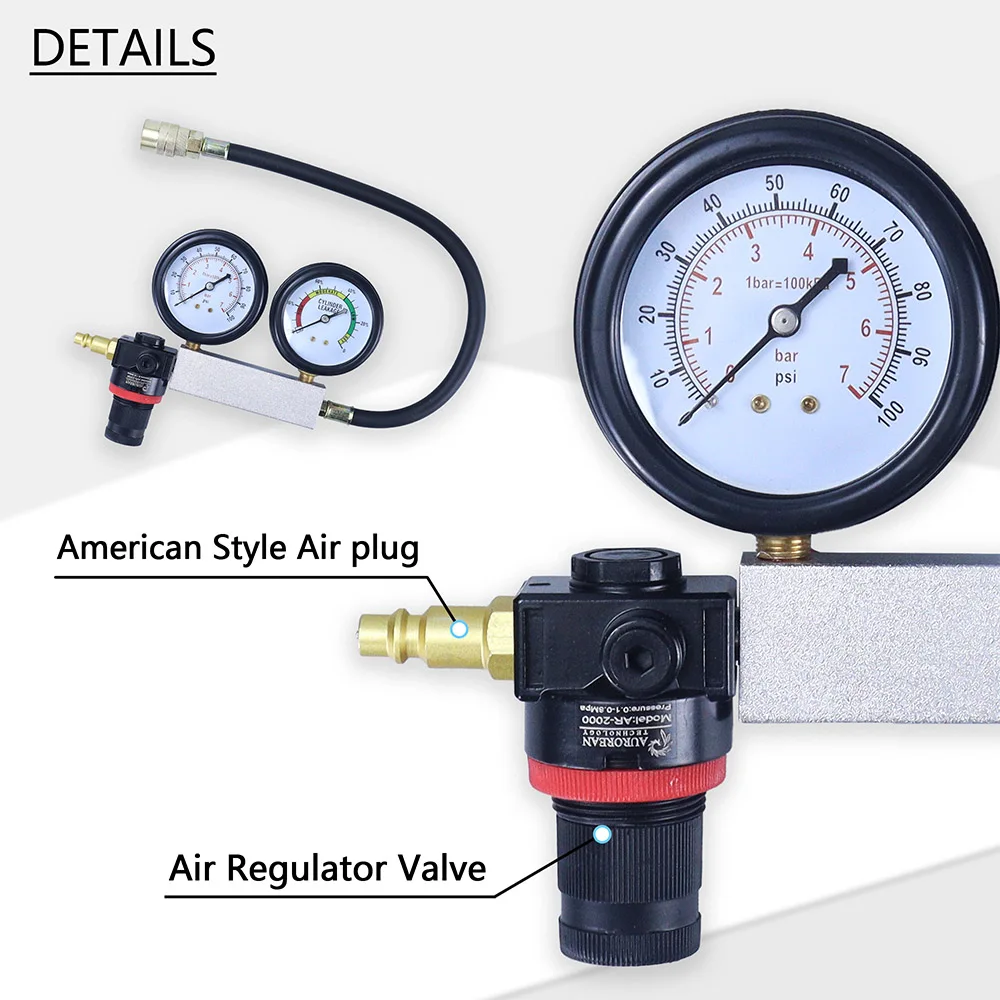 Car Cylinder Leak Down Tester TU-21 Gasoline Engine Compression Tester Dual Gauge Leakdown Detector Tool Set with Red Case