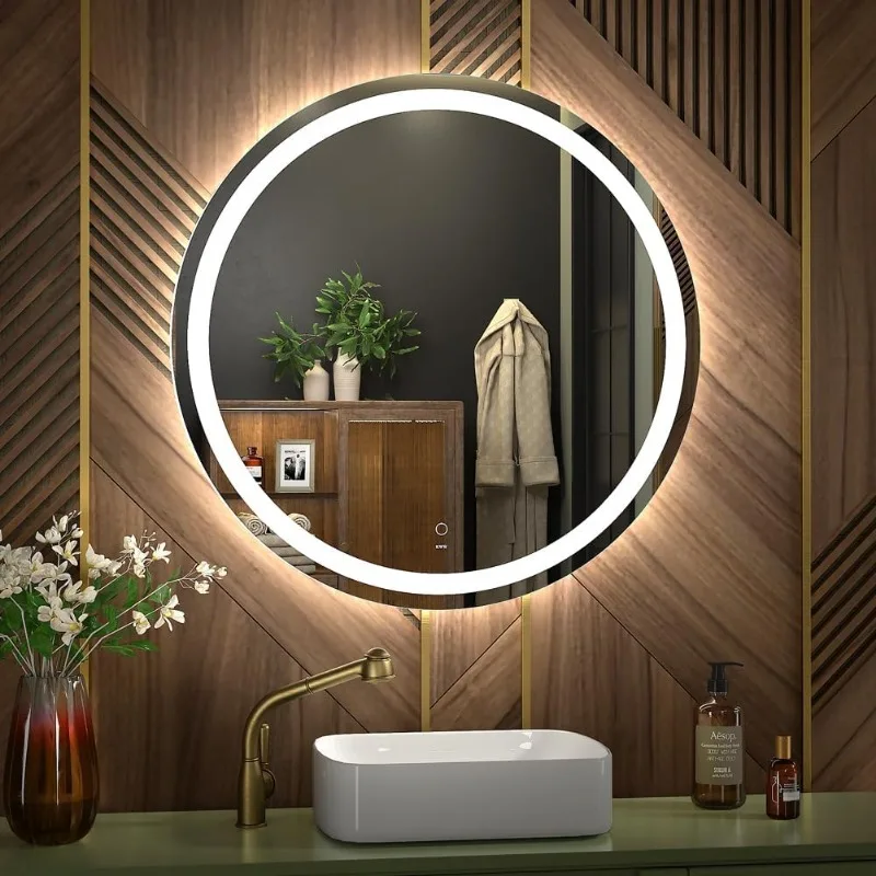 Large Modern LED Round Bathroom Vanity Mirror, Color Temperature Adjustable, Anti-Fog Dimmable Lights, Easy to Install