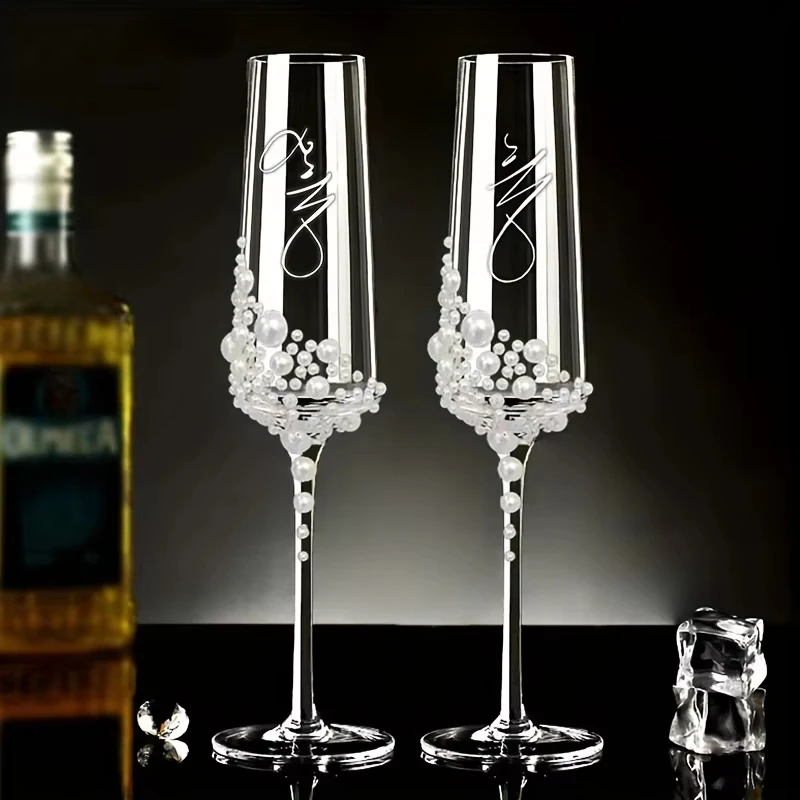 2Pcs Handcrafted Clear Crystal Champagne Glasses with Cursive Script Design Elegant Pearl Glassware for Weddings