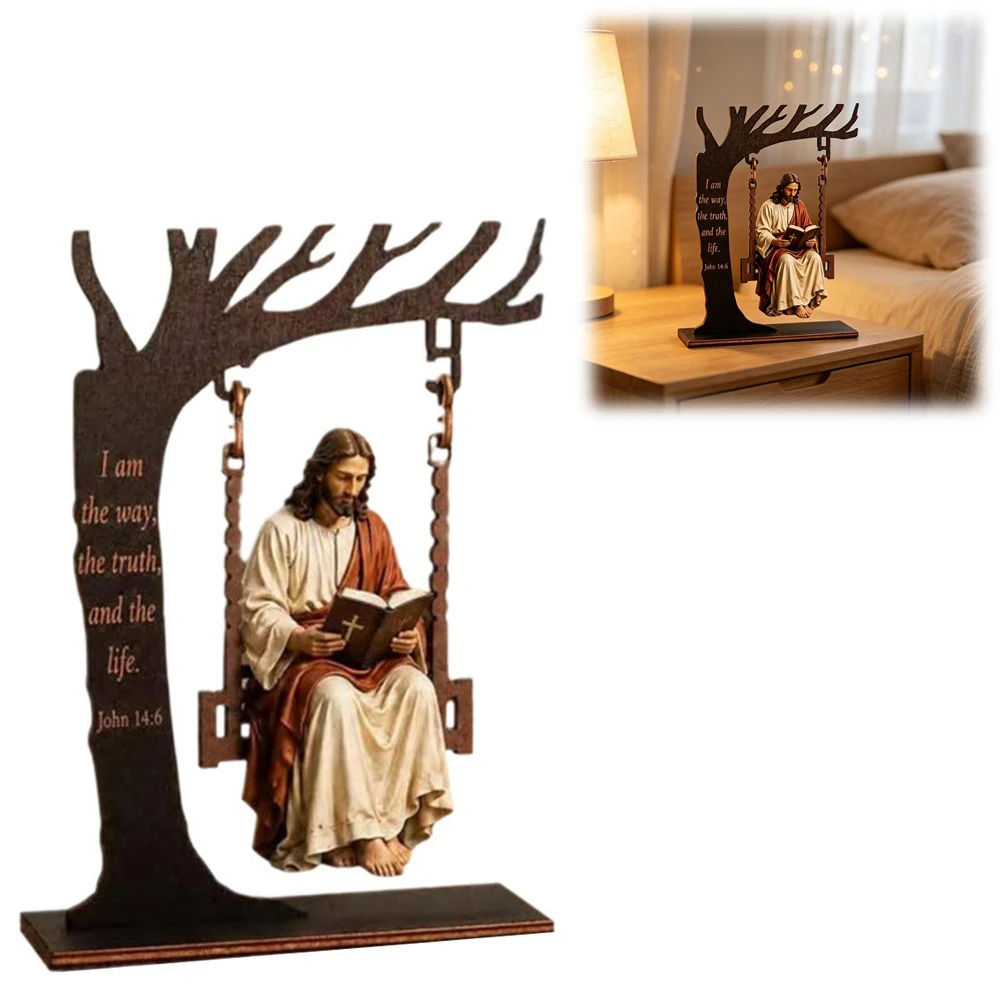 Christian Jesus Reading Bible Swing Tabletop Decoration Vintage Wooden Engraved Scripture Religious Tabletop Statue Decoration