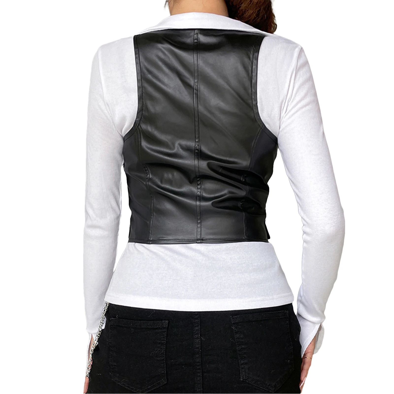 Fashion Women's Vest Leather V Neck Sleeveless Button Closure Design Slim Fit Breathable Versatile Tank Tops Streetwear