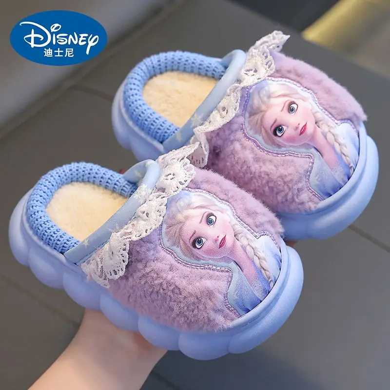 Disney Princess Elsa Frozen Slippers for Girls in Autumn Winter Indoor Warmth Non slip Children\'s Plush Cotton Blue Purple Shoes