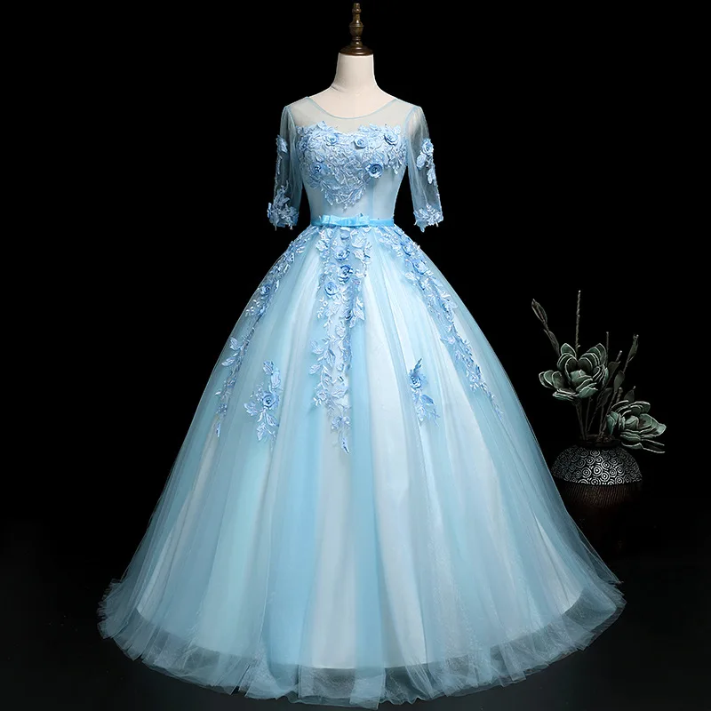 

2023 New Blue Quinceanera Dresses Classic Scoop Neck Illusion Tulle Ball Gown Sweet Appliques Suknia Balowa With A Bow Belt