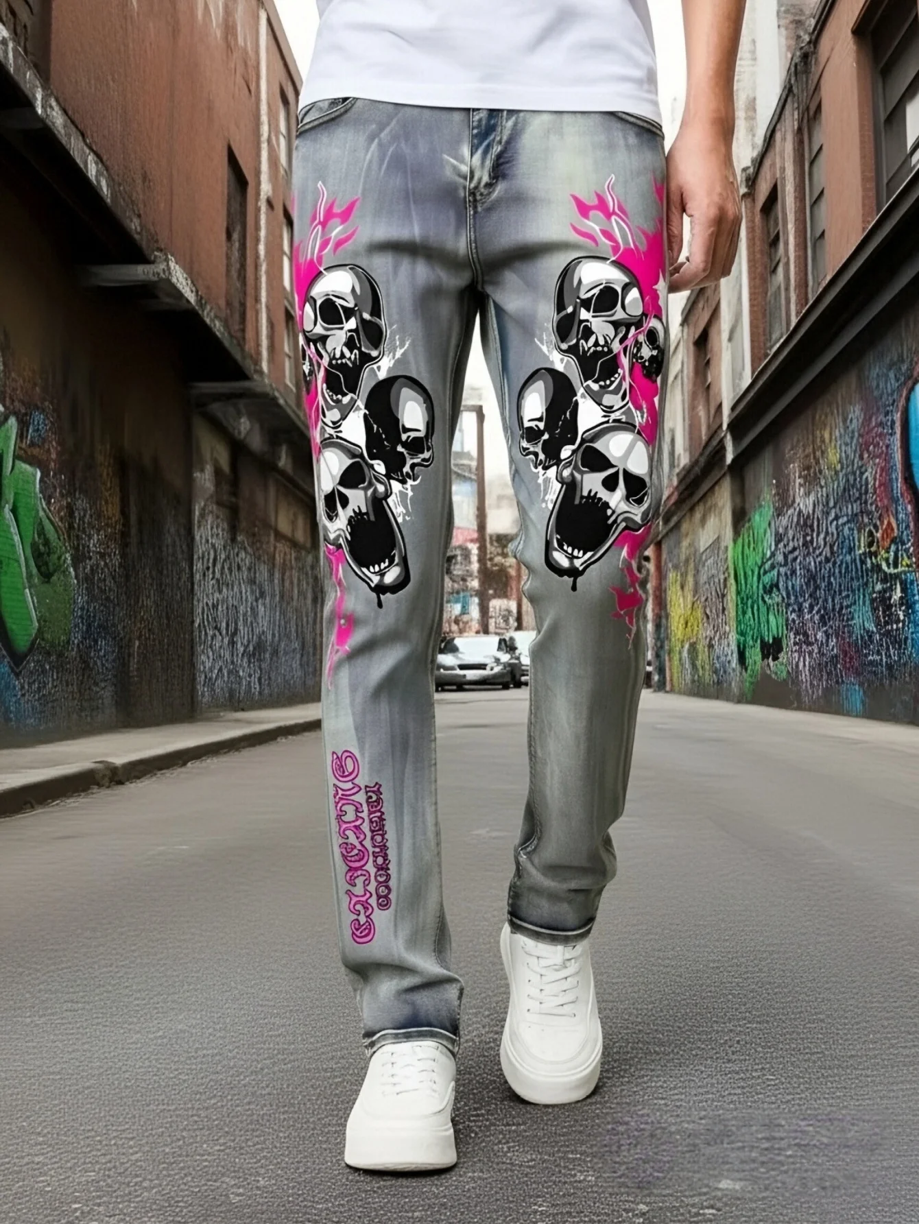 Men's Jeans With Fashionable Devil Print High Waisted and Wide Leg Style Enjoy Promotional Discount With Free Shipping