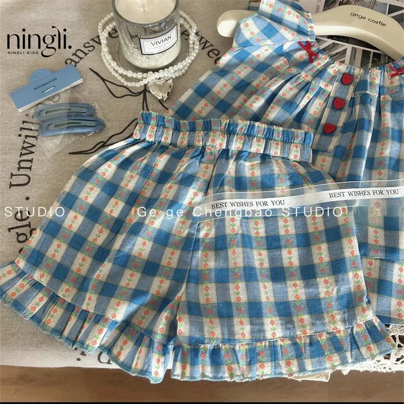 Girls Suit New 2024 Summer Dress Girl Baby Plaid Summer Two-piece Blue Plaid Fashion Girl Korean Simple Style Clothes Suits