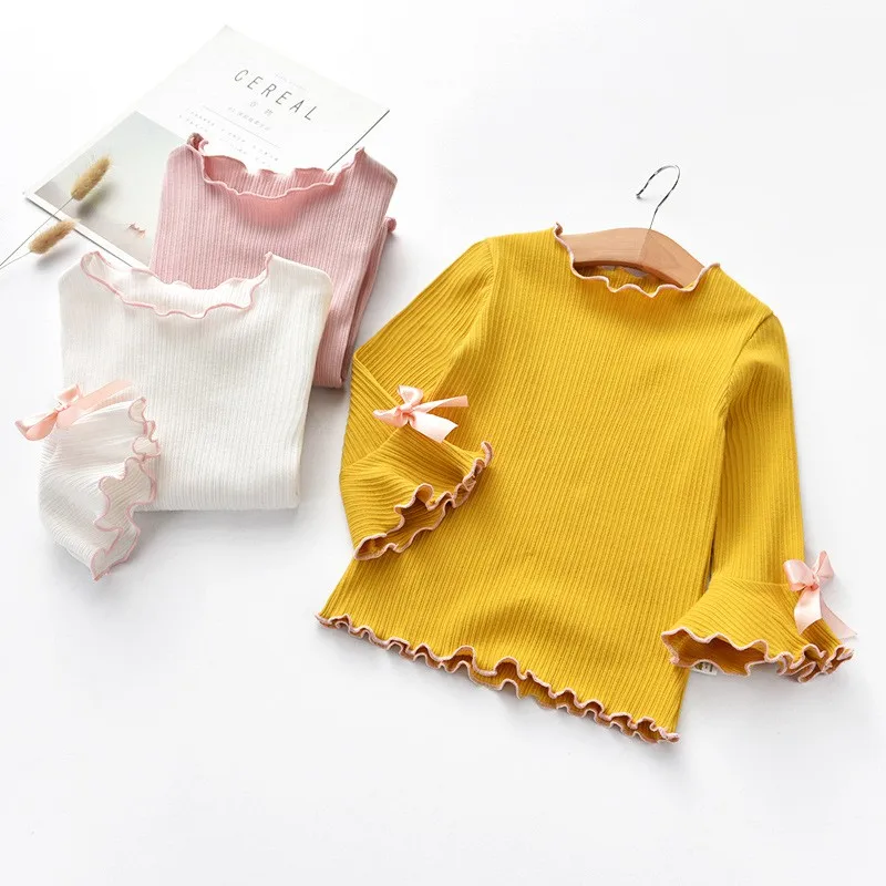 3-8T Spring Autumn Baby Girls T-shirt Ruffled Flare Sleeve Bow-knot Casual Shirt Kid Children\'s Long Sleeve O-Neck Cotton Top