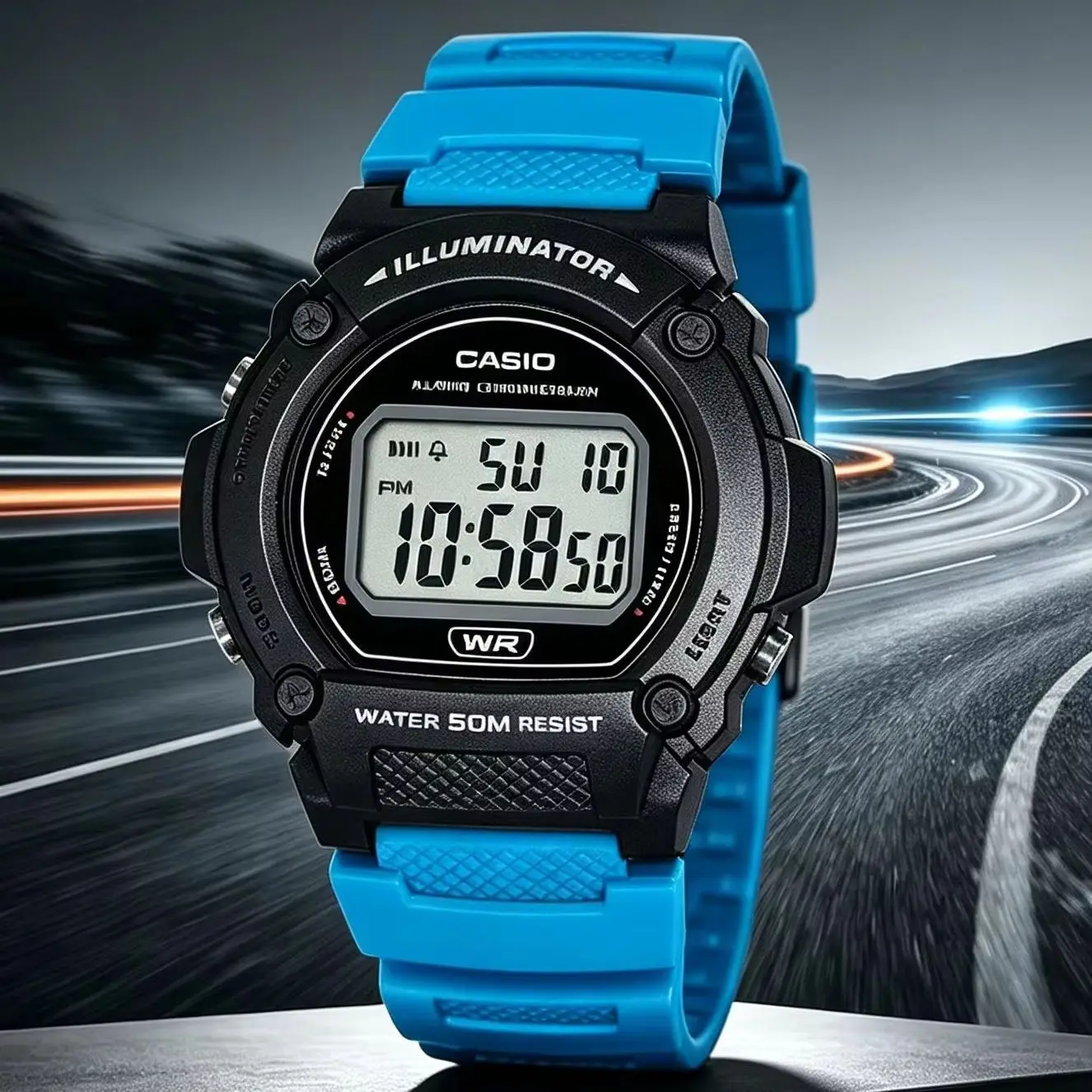 Casio W‑219H Series | Men Daily Digital Watch | Vivid Blue Resin Strap | 50M Water Resist | 7‑Year Battery | LED Stopwatch