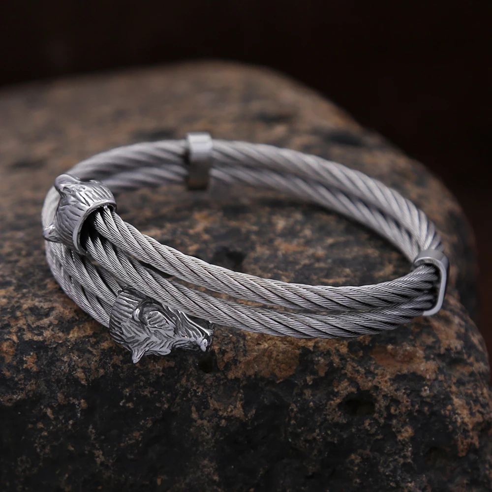 Men's Stainless Steel Norse Viking Double Wolf Head Bracelet Punk Biker Vintage Animal Bangles Charm Trendy Jewelry Dropshipping