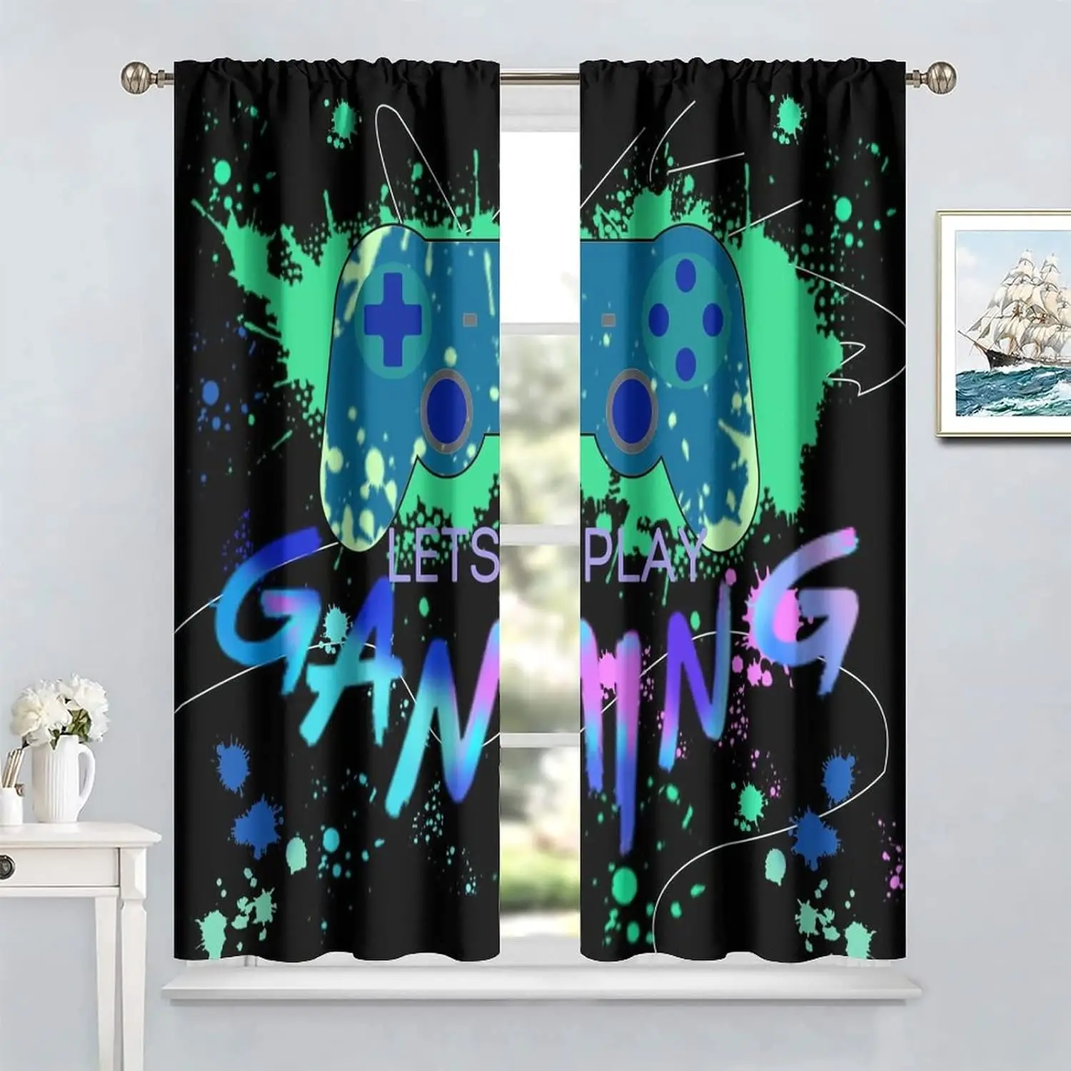 2 Panels Black Splash Ink Game Curtains Blue Gamepad Lets Play Gaming Gradient Letter Print Drapes Teen Boys Gaming Bedroom