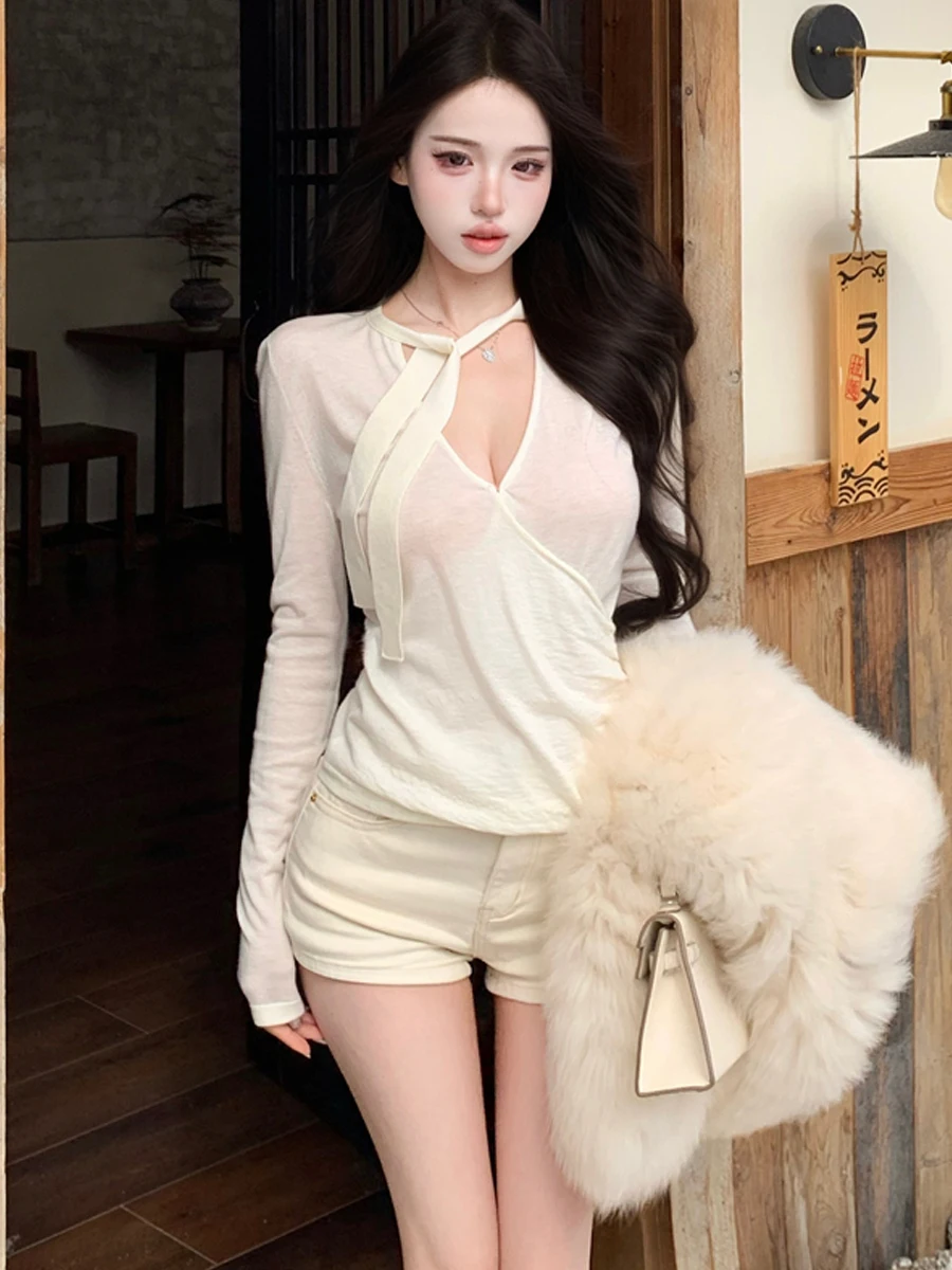 Korean Style V-Neck Knitted Top Belted Slim Fit Pleated Hanging Neck Design Pure Desirable Sexy Waist Cinching Slimming Base ...