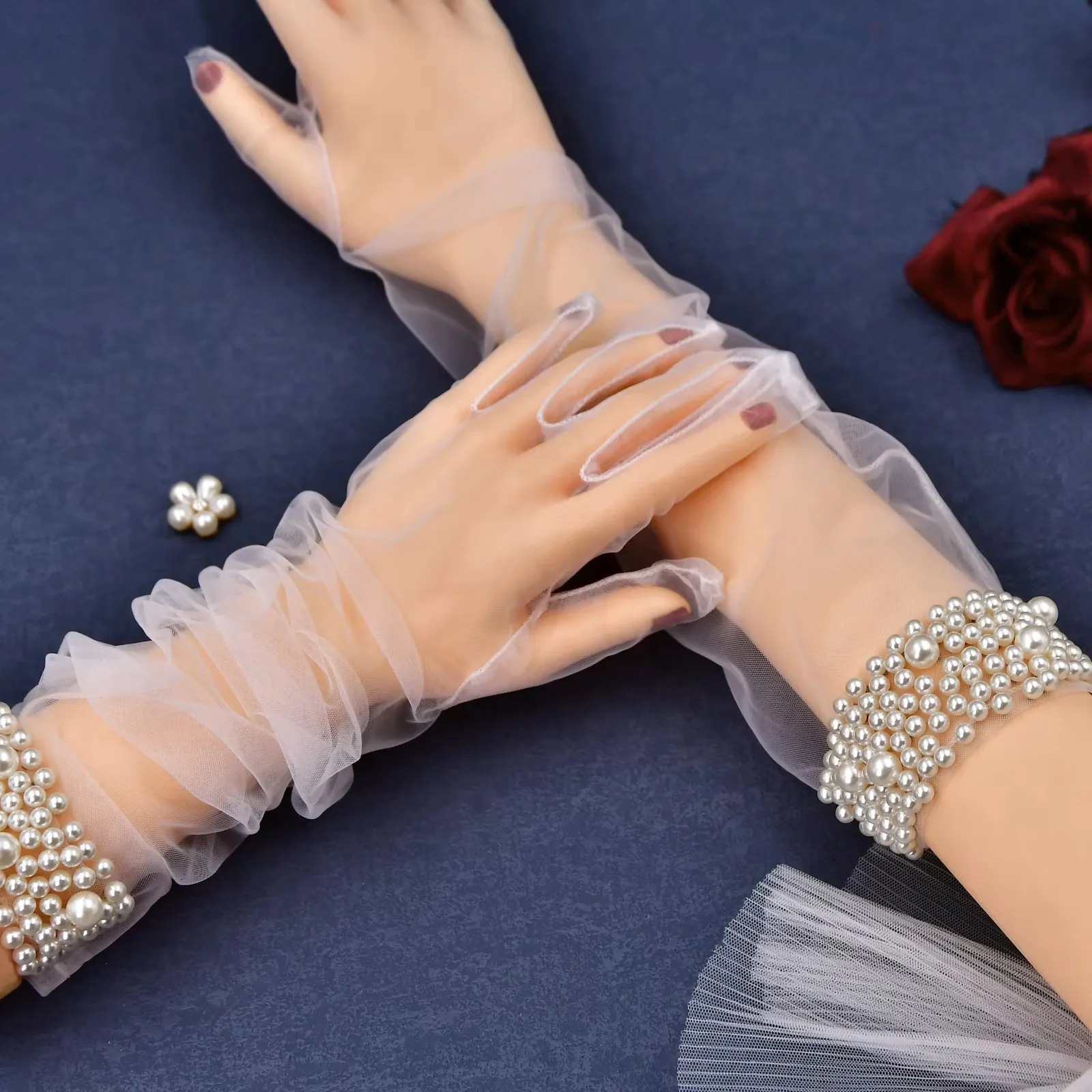 Long Full Finger Tulle Wedding Gloves with Pearl Wrist Cuff - Elegant Ivory Bridal Opera Gloves for Evening Party & Prom GM01