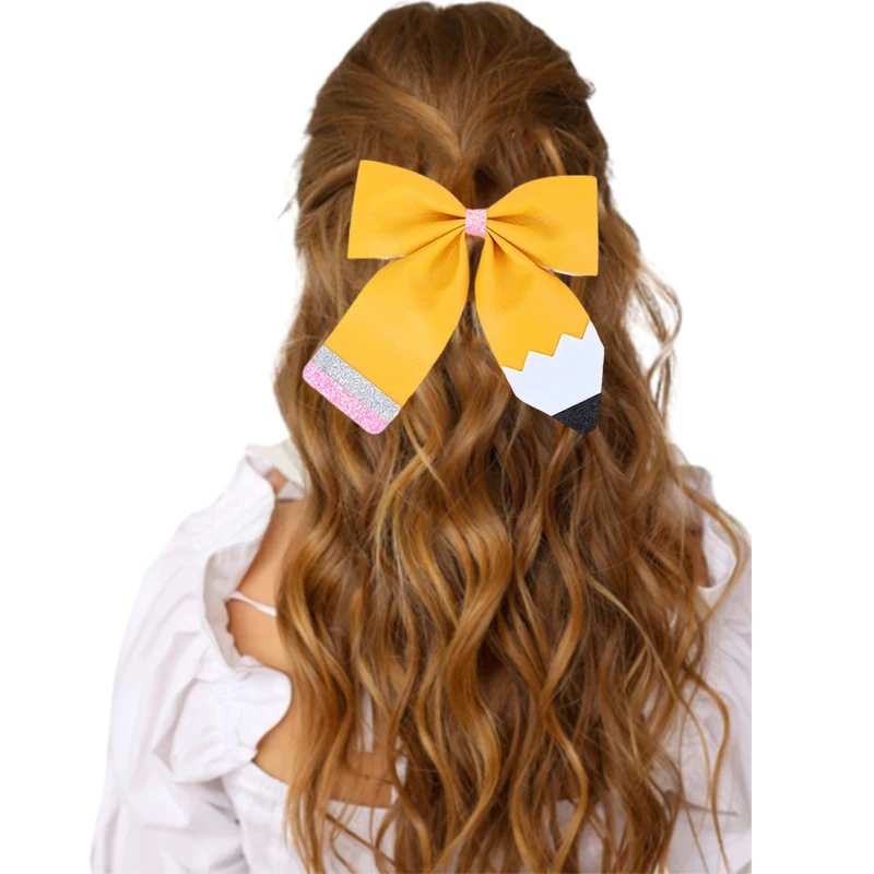 ncmama Back To School Yellow Leather Pencil Hair Clip for Women Sweet Girls Solid Bow Hairpin Party Headwear Hair Accessories