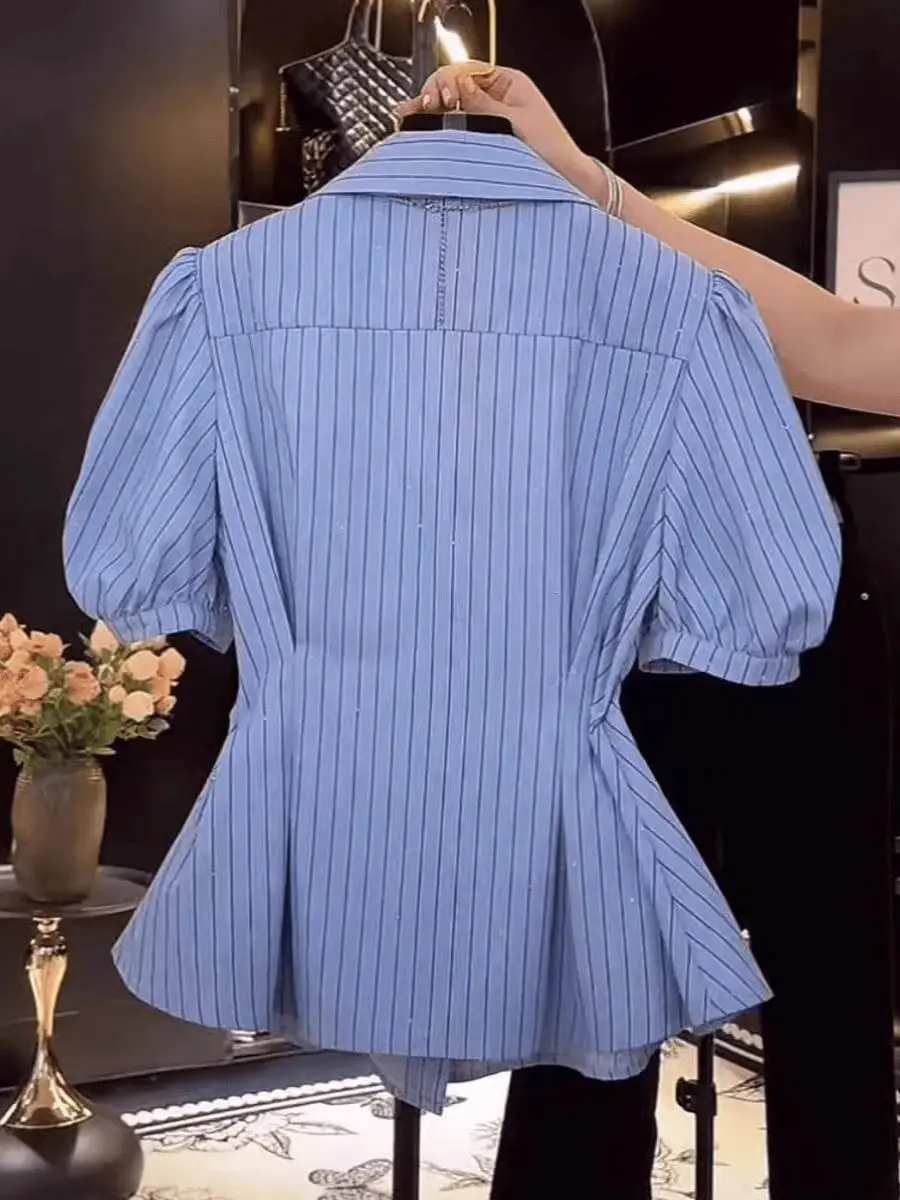 High-End European Stripe V-Neck Short Sleeve Women's Shirt Summer plus Size Design Sense Waist-Cinching Elegant Top