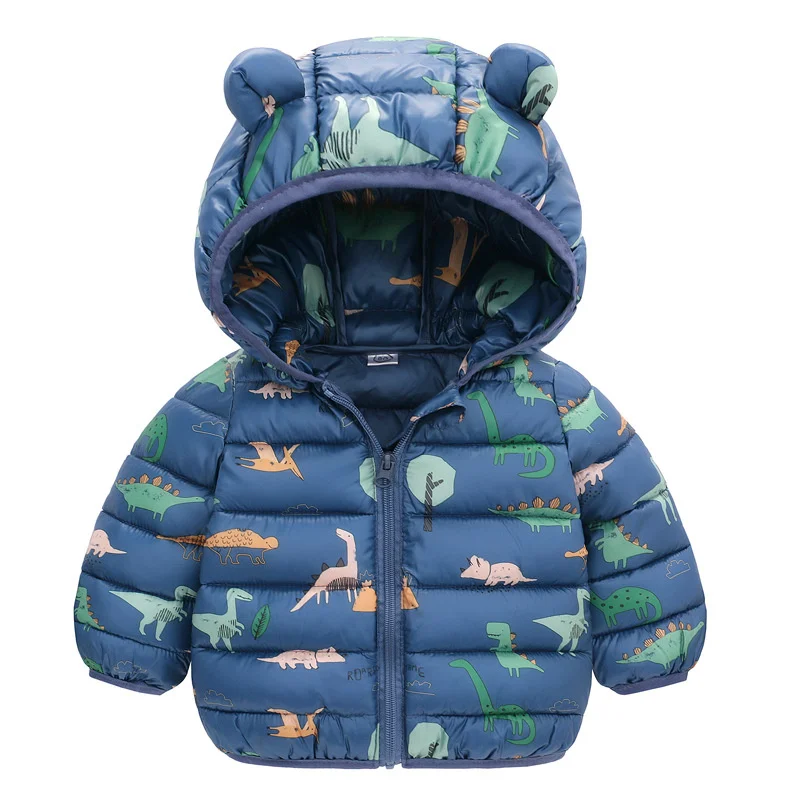 Baby Boys Girls Down Coats Long Sleeve Cartoon Dinosaur Print Jackets 1-5Yrs Kids Hooded Zipper Outerwear Spring Autumn