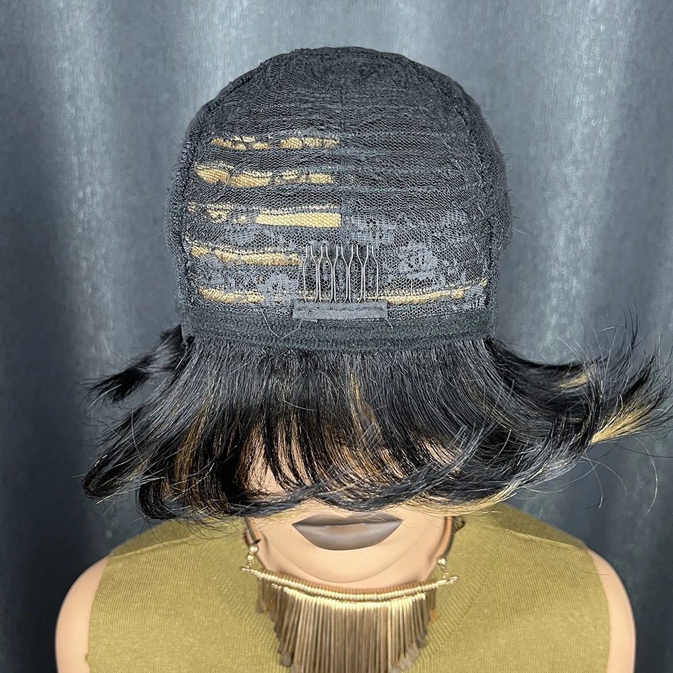 짧은 스트레이트 픽시컷 가발, 자연스러운 블랙 밥 가발, 앞머리 포함, 기계 제작 브라질 레미 인모 가발 (흑인 여성용)