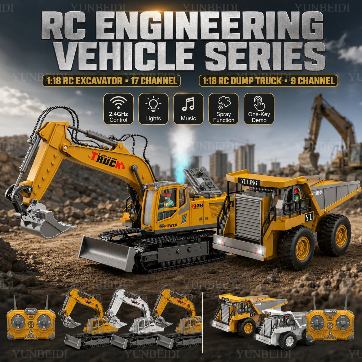 1/18 Alloy Spray RC Excavator Truck 17CH Engineering Vehicle Audio Lights 680° Rotating 2.4GHz RC Car Child's Toy Festival Gifts