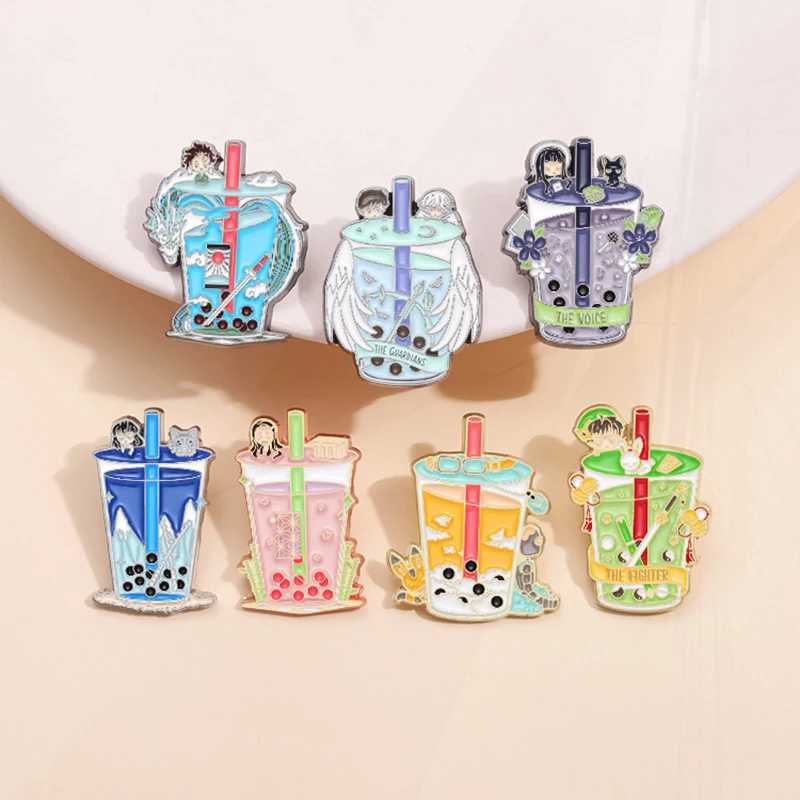 Milk Tea Strawberry Yamagawa Wave Dragon Wings Milk Tea Cup Metal Badge Punk Pins Jewelry Gift Cute Drink Enamel Pin Blueberry