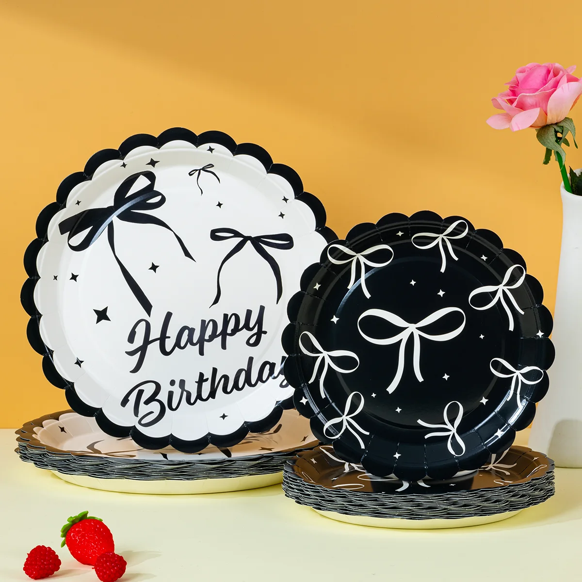 Platos de Papel Desechables con Estampado de Lazo Blanco y Negro, Platos de Papel con Temática de Feliz Cumpleaños para Fiestas y Celebraciones
