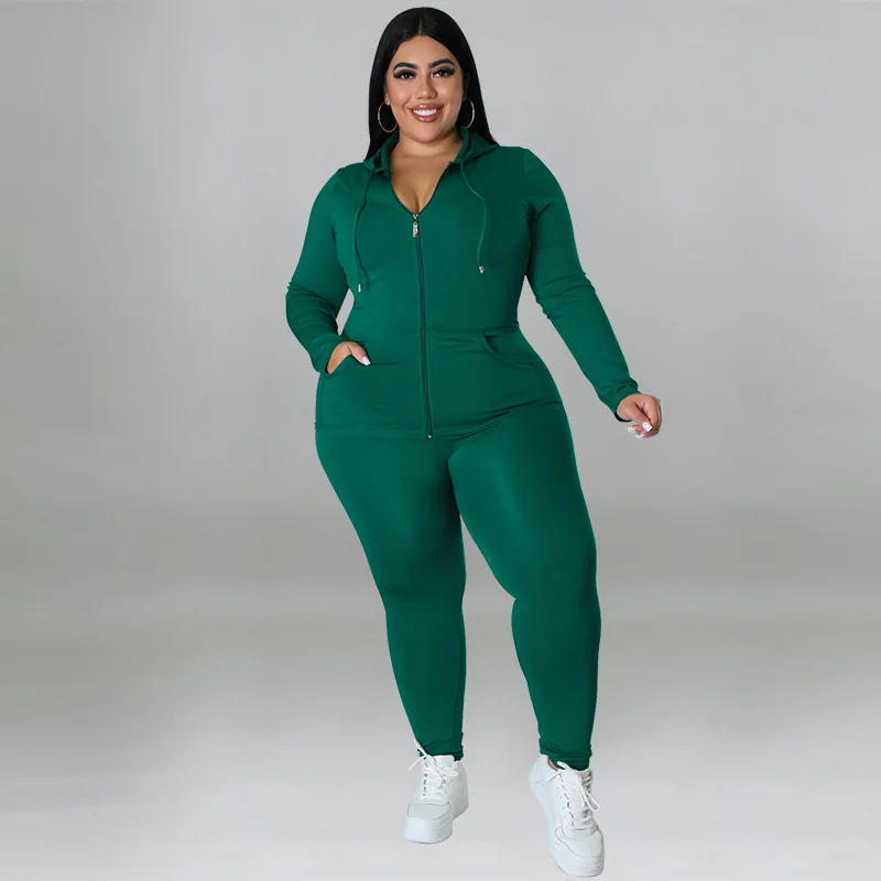 Conjunto monocromático de duas peças para mulheres, tamanho grande, blusa com capuz, jaqueta feminina, roupas esportivas, conjuntos combinando para