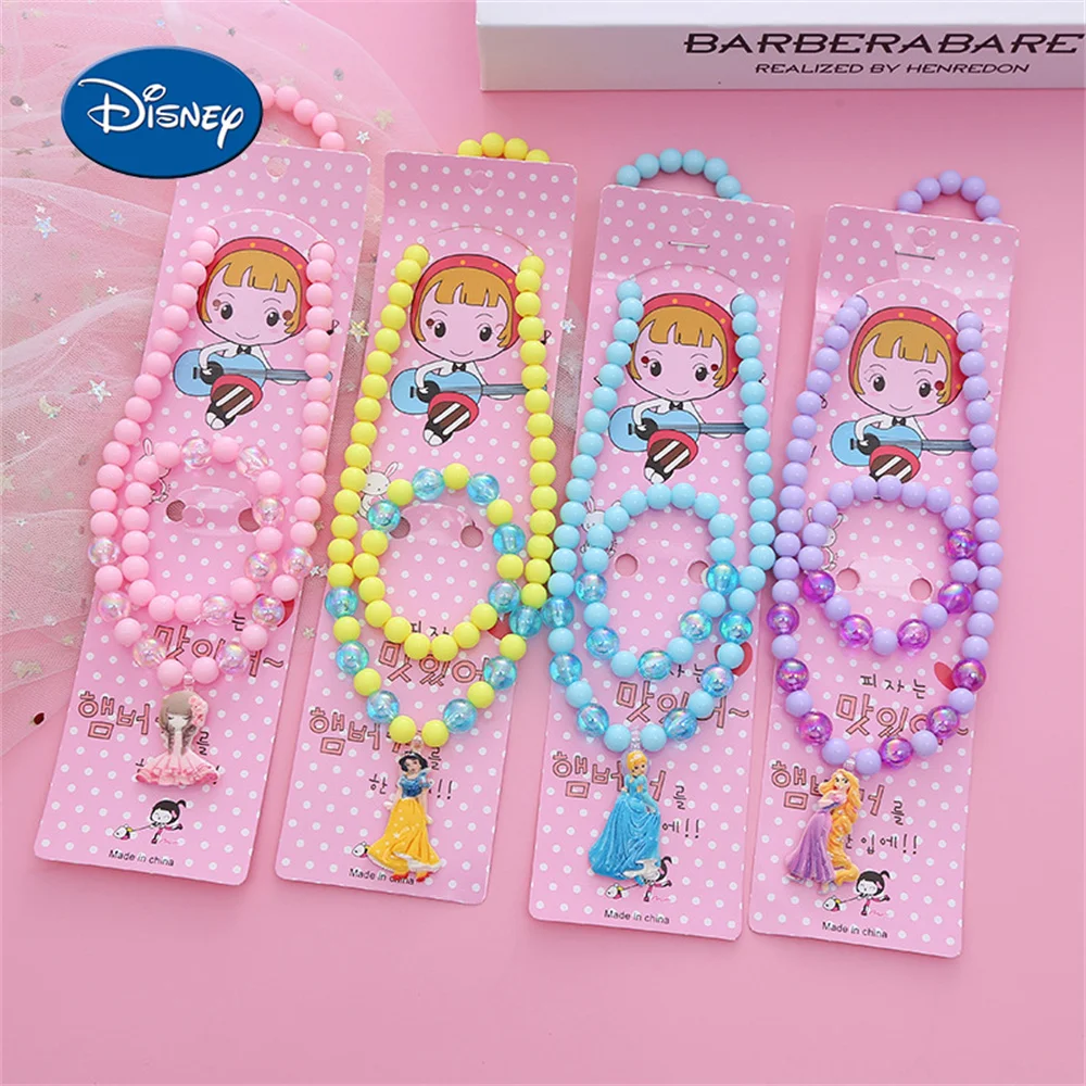 Disney Princess Necklace 2/5 Pieces Set Cartoon Aisha Ring Necklace Ear Clips Girls Accessories Necklace Set Kids Birthday Gift