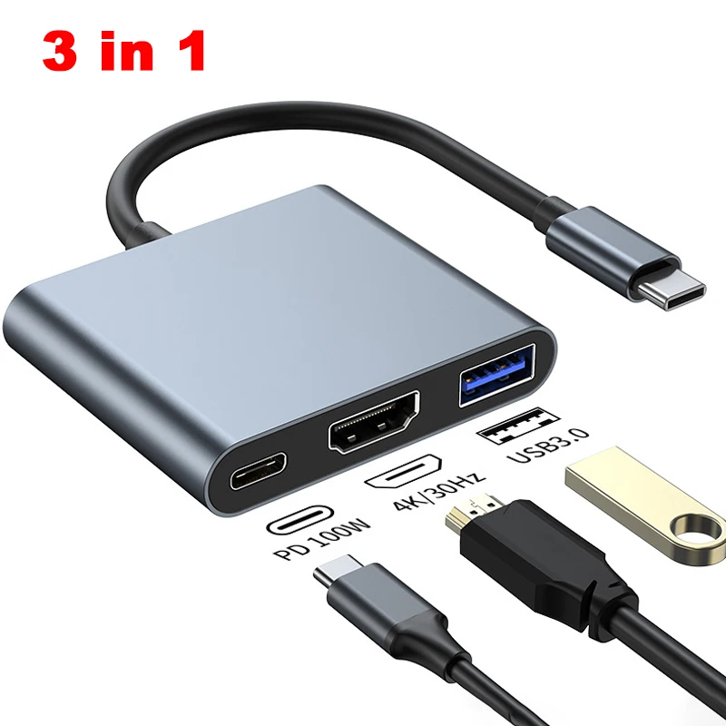 3 In 1 Usb-C Hub Male To Female HDMI-Compatible 4k Usb 3.1 Type-C To Usb 3.0 Charging Adapter For Macbook Air 12 Converter