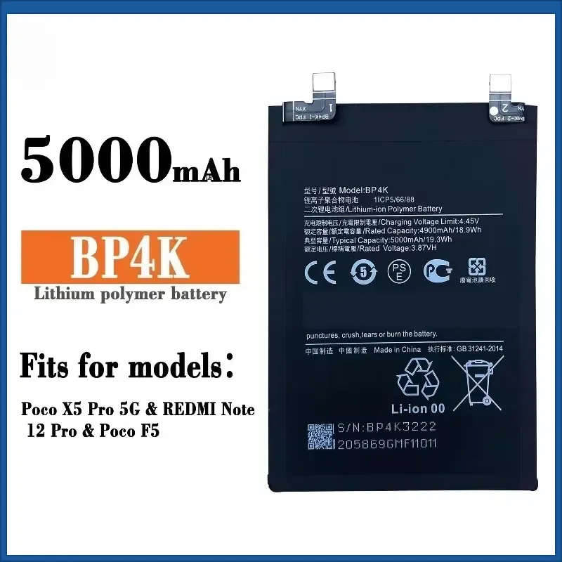 100% New 5000mAh BP4K for Xiaomi Poco X5 Pro 5G for Redmi Note 12 Pro/Poco F5 /Note 12 Turbo Mobile Phone Battery+Tools