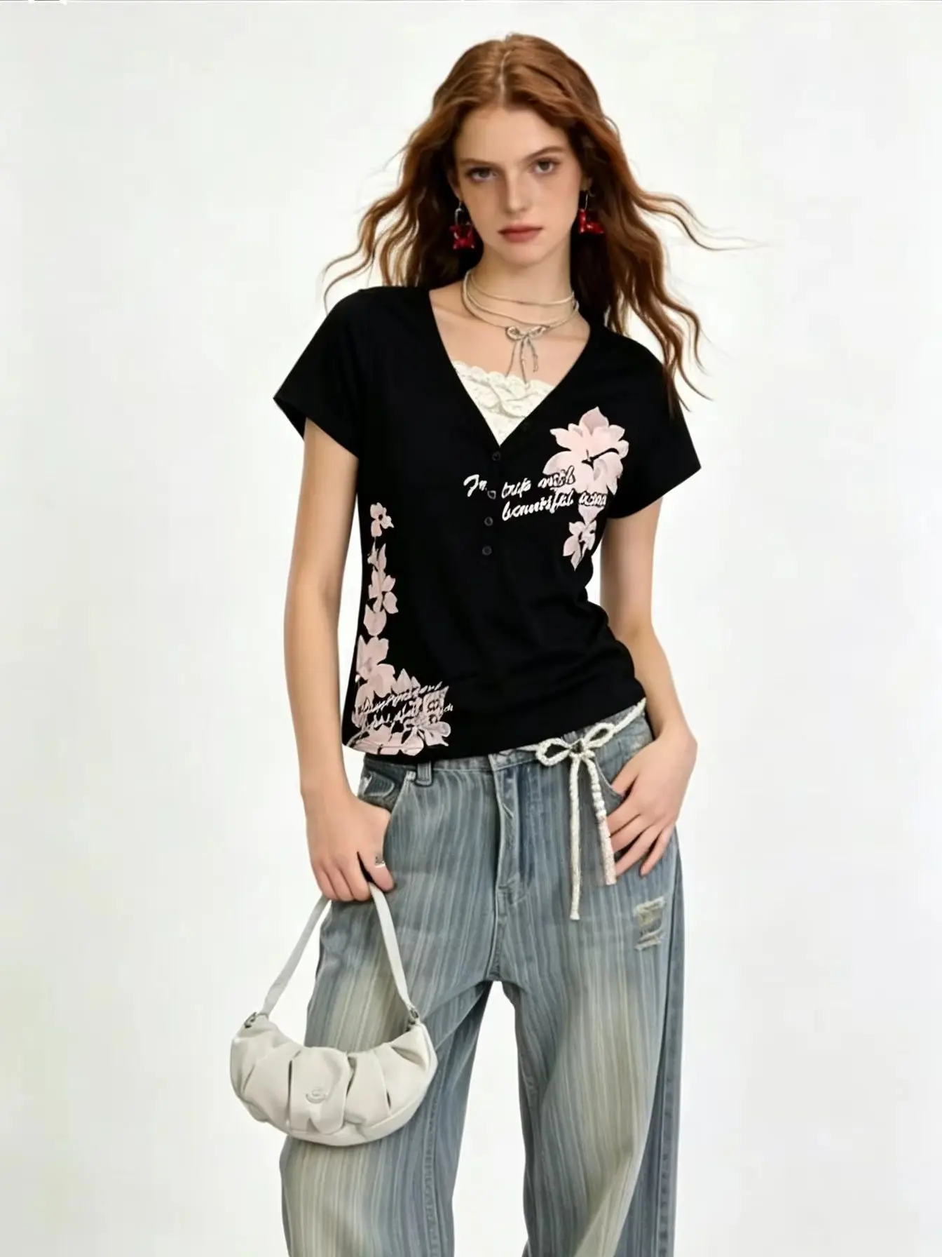 Women American Vintage Flower Print T-shirt Summer Grunge Retro Slim Fit Tees Y2K Harajuku Grunge Short Sleeve Hottie Tops New image 3