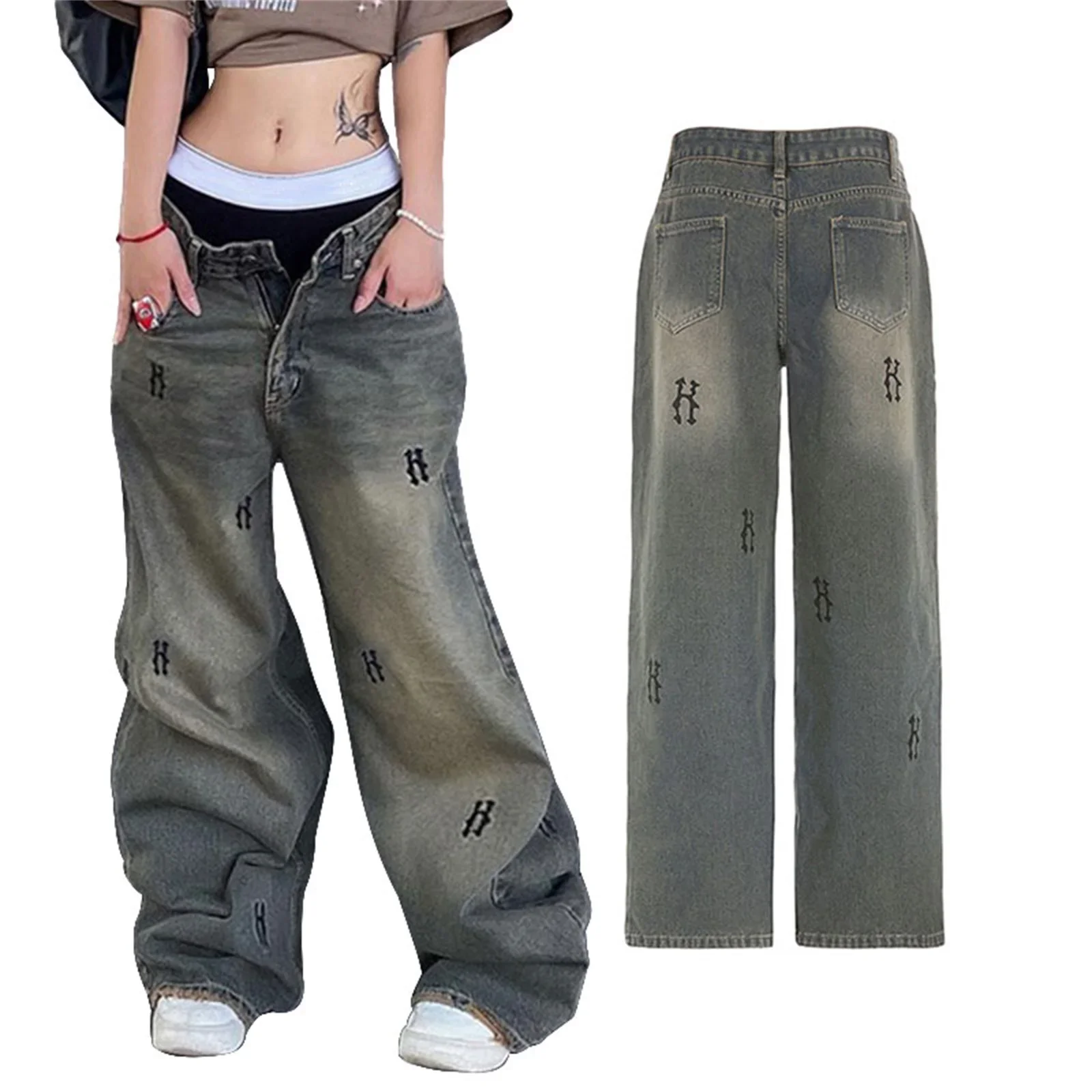 

y2k Jeans Women Gothic Aesthetic Clothes Print Zipper Low Waist Baggy Demin Pants 2000s Trousers Emo Style Streetwear