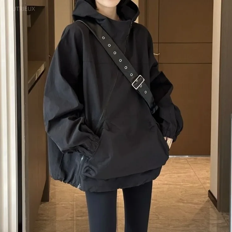 Harajuku Style Women Jacket Korean Fashion Streetwear Oversize Zipper Hooded Vintage Y2k Jackets Windbreak Casual Coat