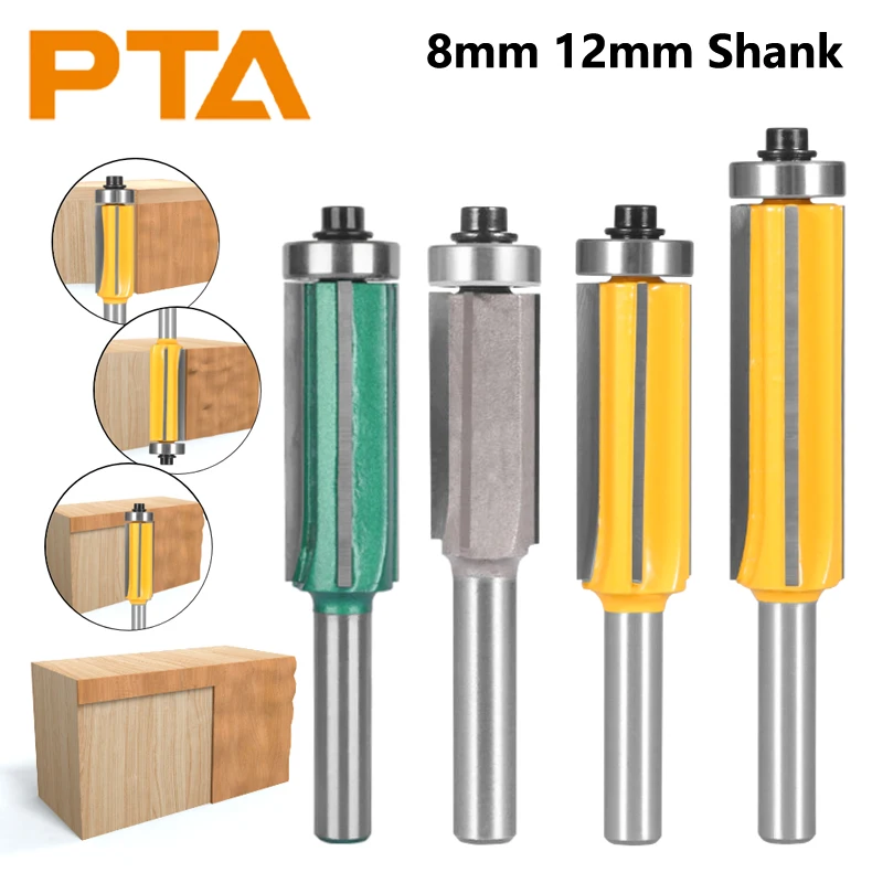 8MM 12MM Shank Z4 Flush Trim Bit Router Bits Yellow Green Alloy Tungsten Carbide Cutter Set for Woodworking Face Mill End Mill