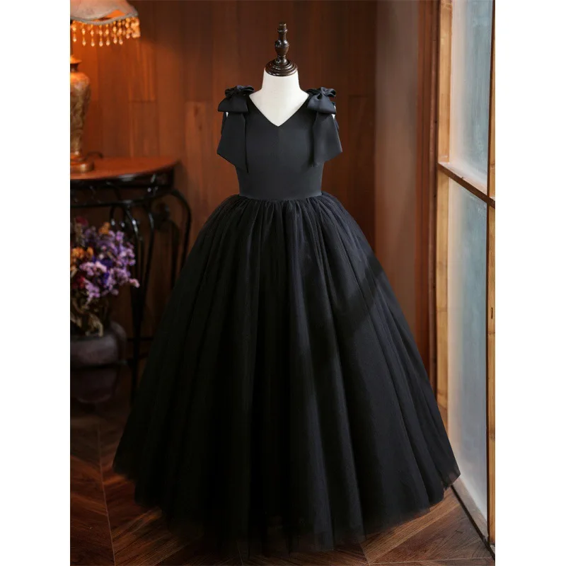 Girls' Formal Dress Big Kids Performance Costume Black Puff Skirt Piano Orchestra Host Competition