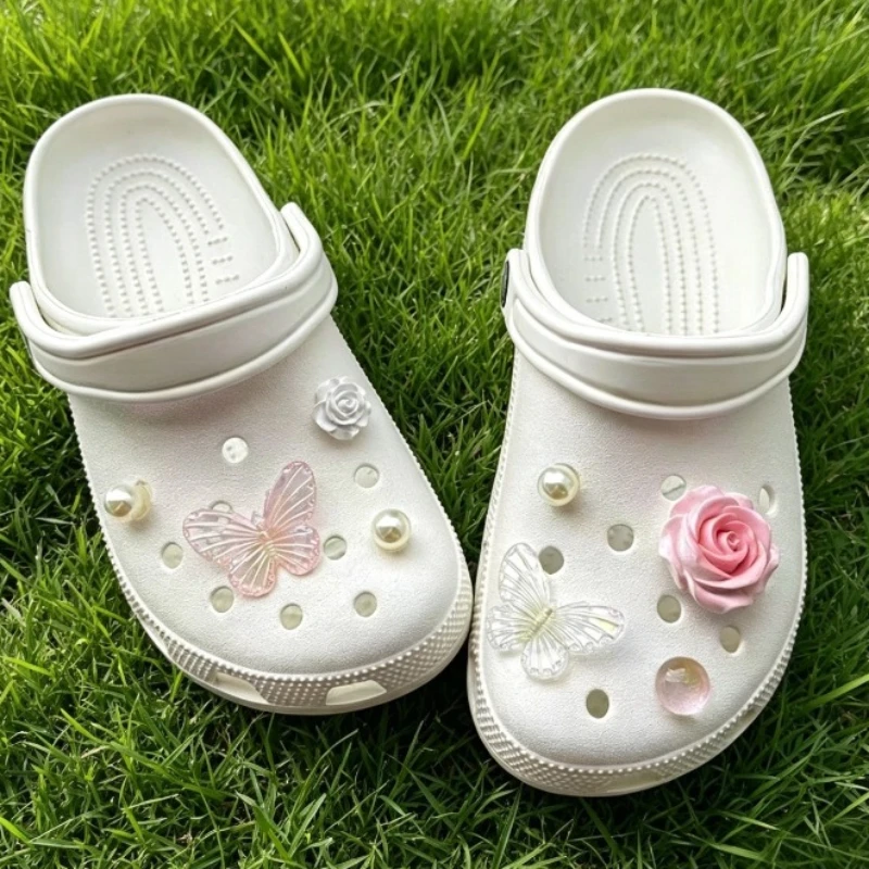 Pink Gradient Rose Resin Shoe Charms Transparent DIY Hole Sandal Decor Floral Cute Trendy Ornaments Summer Gift for Girls Women