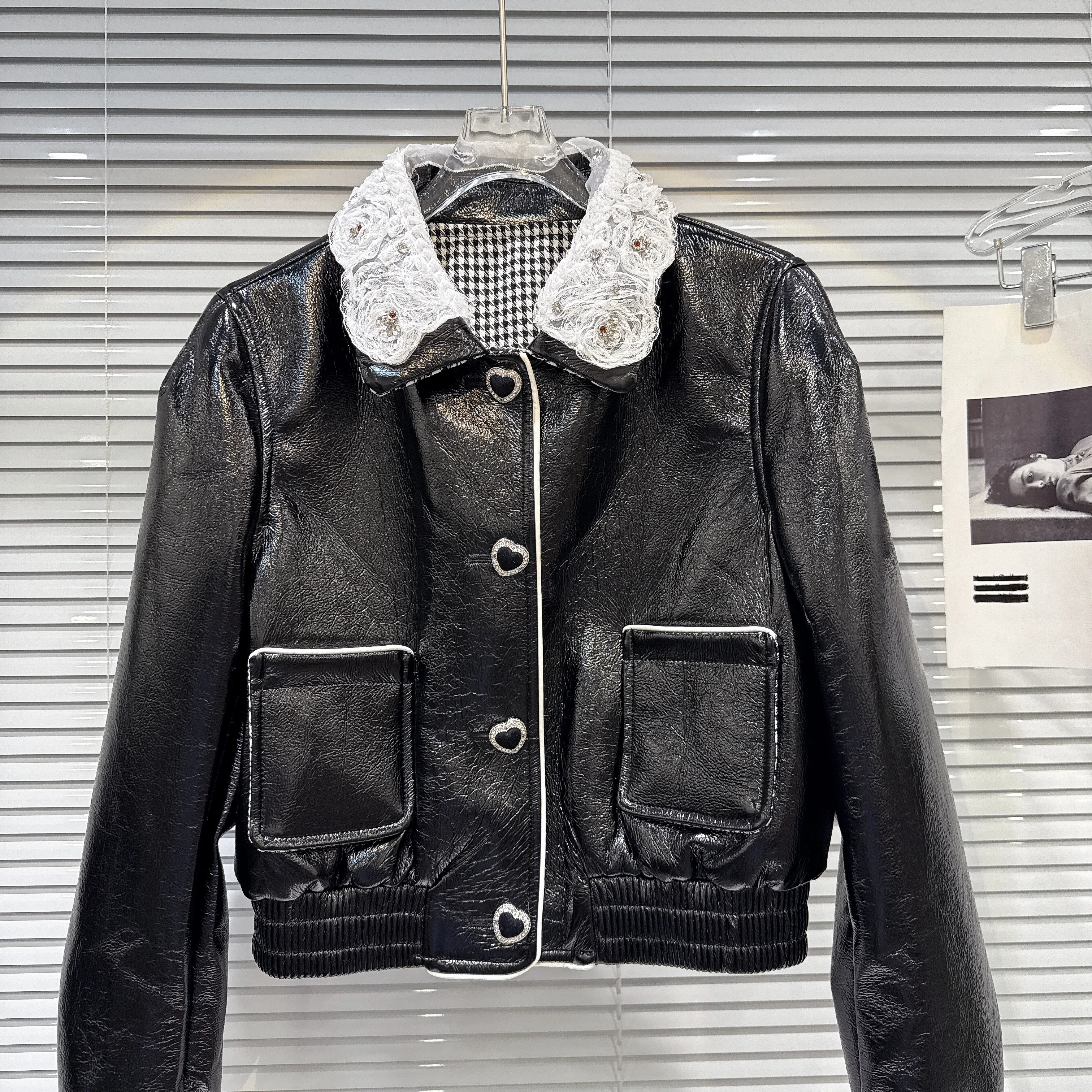 2025 Autumn New Fashion PU Leather Jacket with Floral Embroidery Rhinestone Collar Shiny Coat