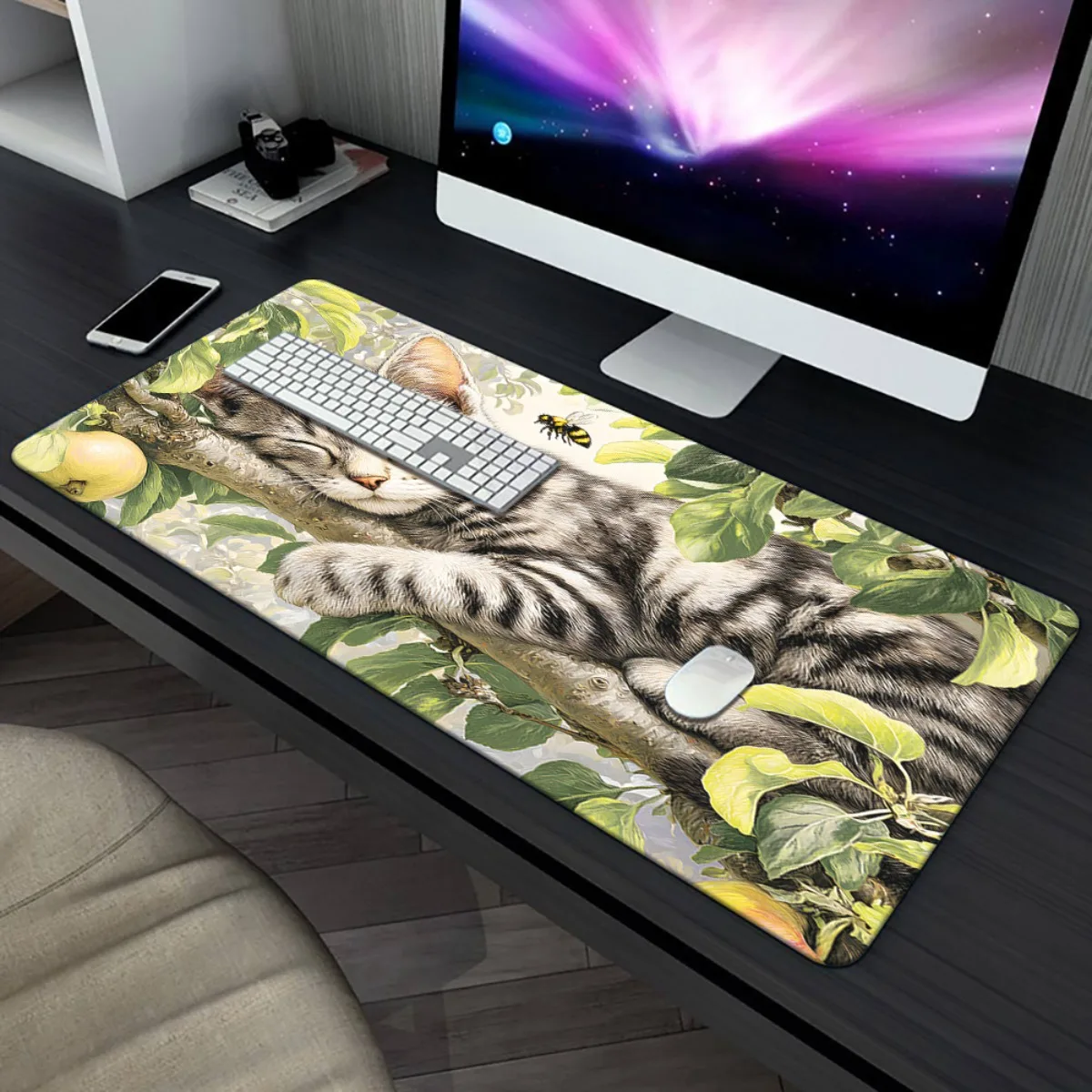 Sleeping Tabby Cat in Tree Extra Large Desk Mat Non-Slip Rubber Gaming Mouse Pad for PC Laptop Workspace