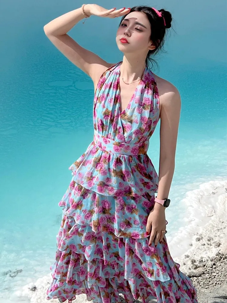 

Summer New Pure Desire Floral Cake Dress Women's V-neck Hanging Neck Long Dress Beautiful Sea Beach Vacation Bohemian Style