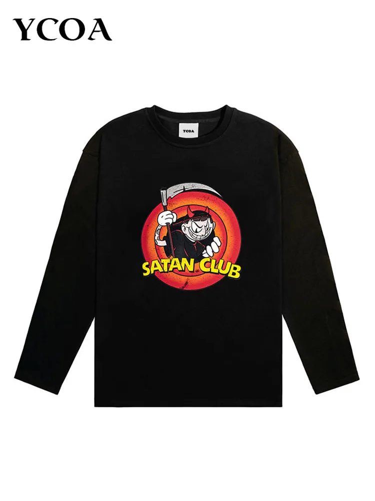 Men Graphic T-Shirts Satan Club Printed Oversized Long Sleeve Tops Tees Vintage Korean Fashion Harajuku Y2k Streetwear Clothing