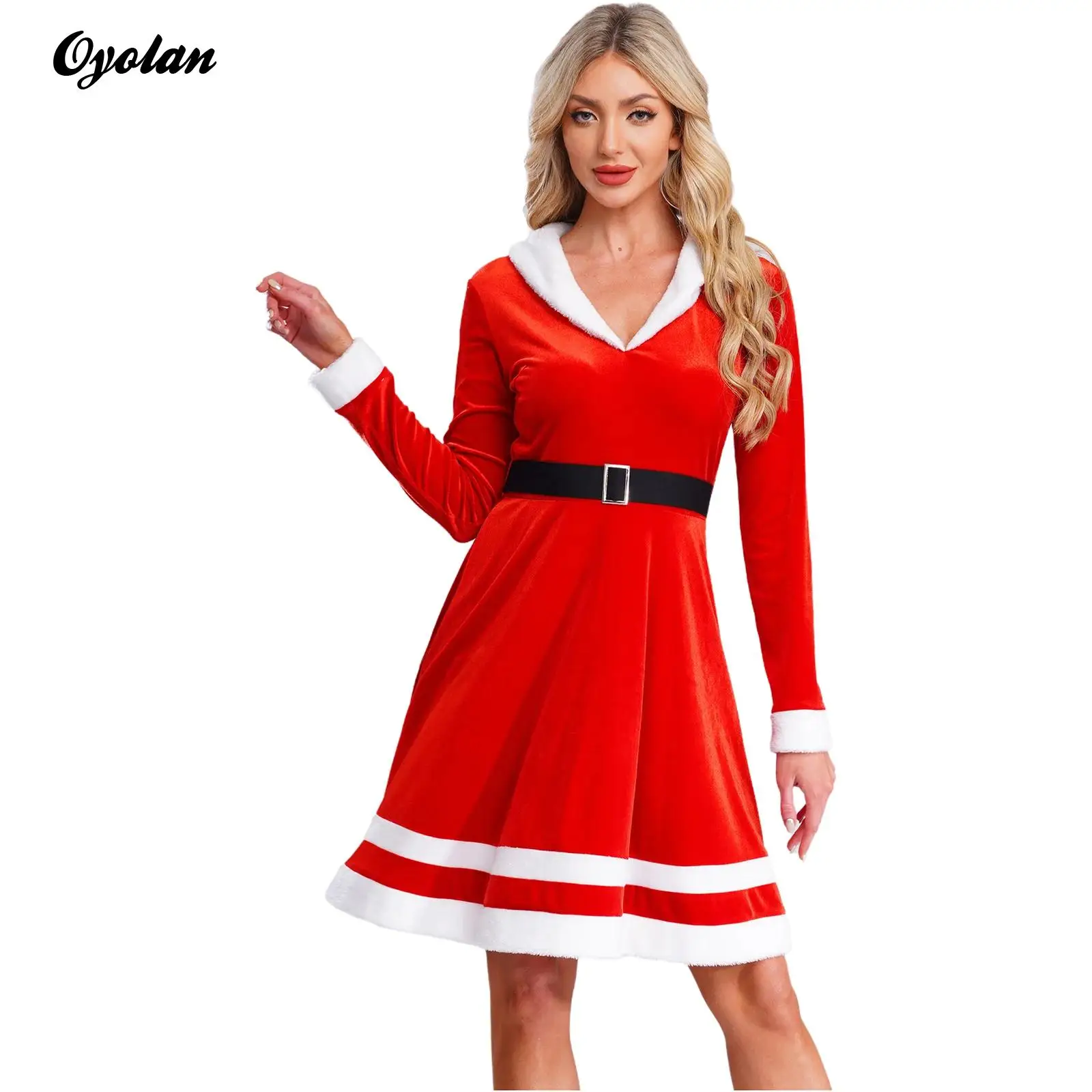 

Adults Womens Christmas Miss Santa Claus Dress V-Neck Long Sleeve Cinched Waist Red Xmas Dress New Year Cosplay Santa Costumes