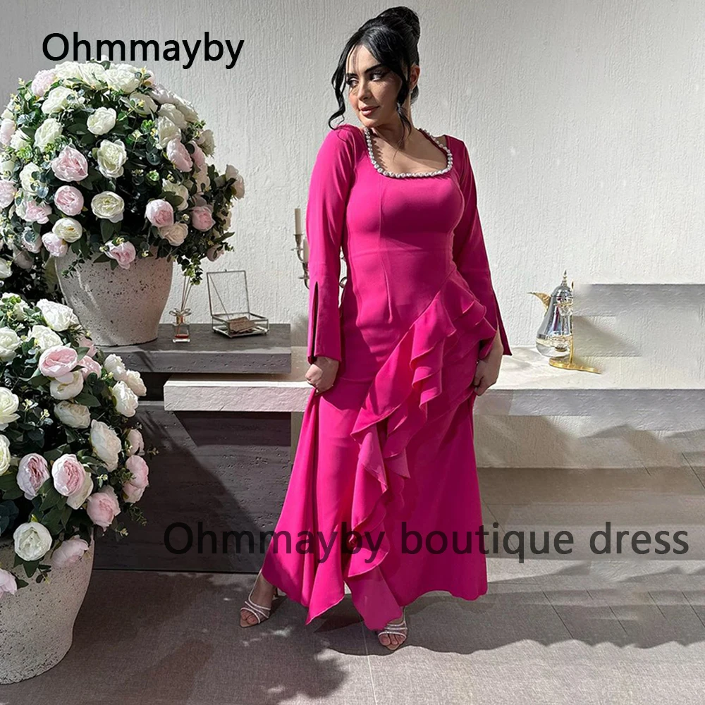 

Hot Pink Satin Mermaid Evening Dresses Long Sleeve Square Neck Prom Dress with Slit Arabian Dubai Formal Evening Gowns