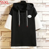Big tide man loose short-sleeved T-shirt oversized hooded colour blocking leisure pullover body shirt 15XL mens t shirts 200KG